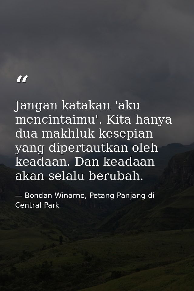 Jangan katakan 'aku mencintaimu'. Kita hanya dua makhluk kesepian yang dipertautkan oleh keadaan. Dan keadaan akan selal — Bondan Winarno, Petang Panjang di Central Park