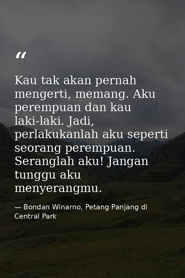 Kau tak akan pernah mengerti, memang. Aku perempuan dan kau laki-laki. Jadi, perlakukanlah aku seperti seorang perempuan — Bondan Winarno, Petang Panjang di Central Park