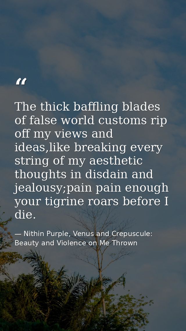 The thick baffling blades of false world customs rip off my views and ideas,like breaking every string of my aesthetic t — Nithin Purple, Venus and Crepuscule: Beauty and Violence on Me Thrown