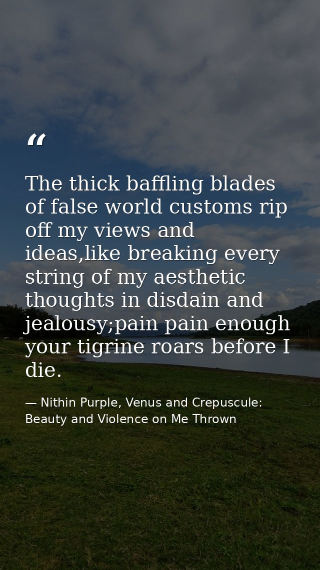 The thick baffling blades of false world customs rip off my views and ideas,like breaking every string of my aesthetic t — Nithin Purple, Venus and Crepuscule: Beauty and Violence on Me Thrown