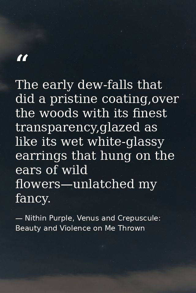 The early dew-falls that did a pristine coating,over the woods with its finest transparency,glazed as like its wet white — Nithin Purple, Venus and Crepuscule: Beauty and Violence on Me Thrown