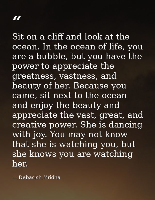 Sit on a cliff and look at the ocean. In the ocean of life, you are a bubble, but you have the power to appreciate the g — Debasish Mridha