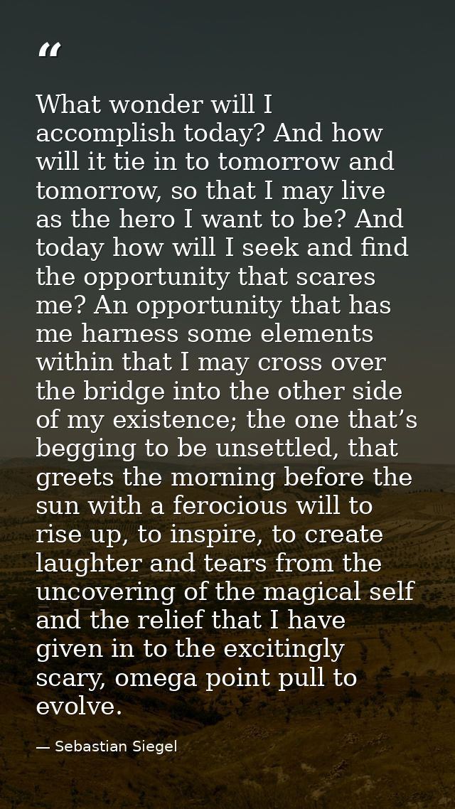 What wonder will I accomplish today? And how will it tie in to tomorrow and tomorrow, so that I may live as the hero I w — Sebastian Siegel