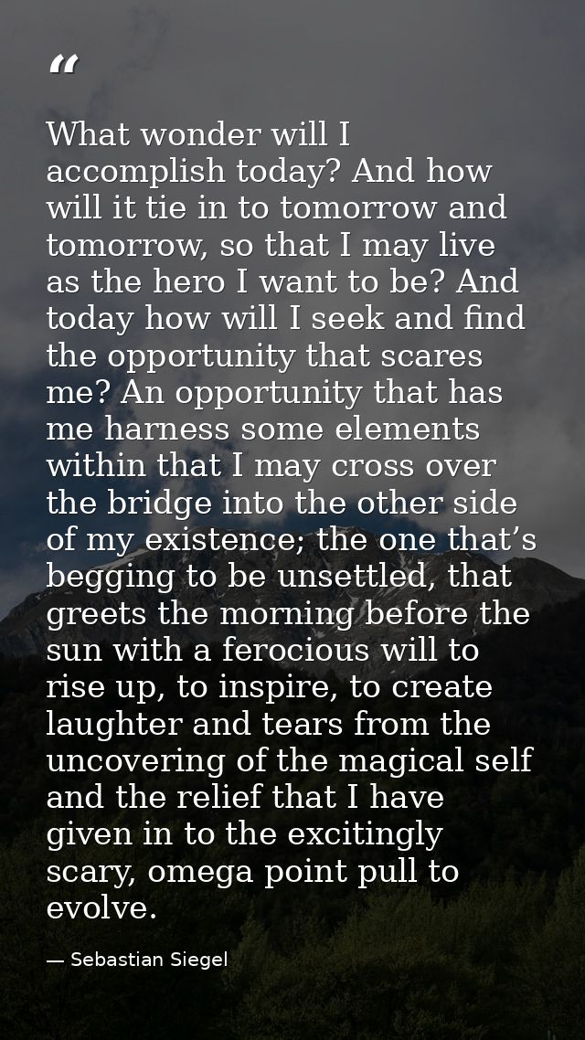 What wonder will I accomplish today? And how will it tie in to tomorrow and tomorrow, so that I may live as the hero I w — Sebastian Siegel