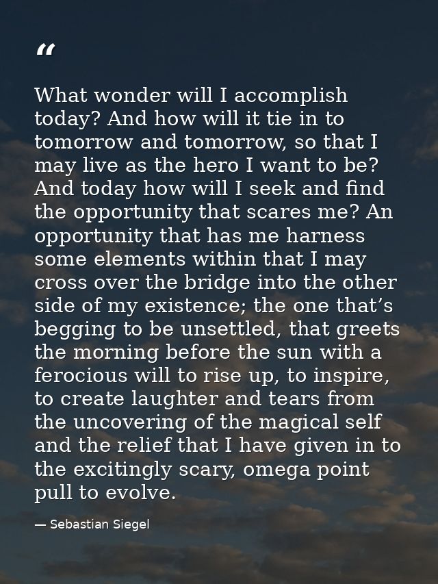 What wonder will I accomplish today? And how will it tie in to tomorrow and tomorrow, so that I may live as the hero I w — Sebastian Siegel