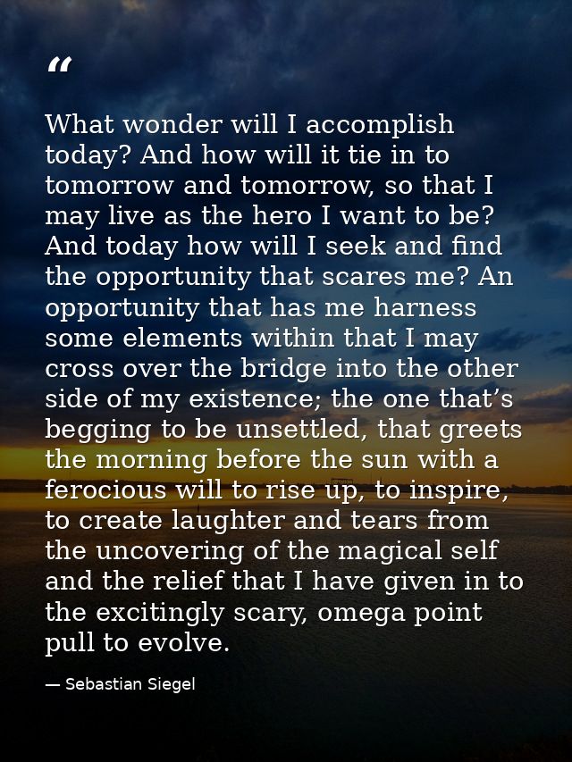 What wonder will I accomplish today? And how will it tie in to tomorrow and tomorrow, so that I may live as the hero I w — Sebastian Siegel