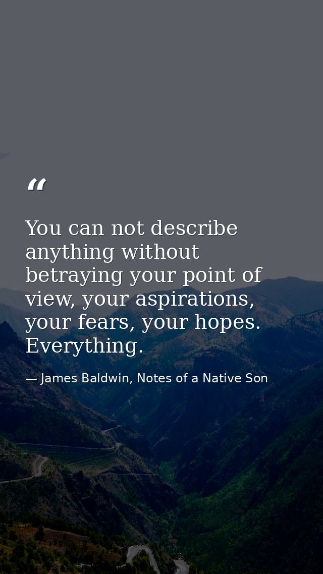 You can not describe anything without betraying your point of view, your aspirations, your fears, your hopes. Everything — James Baldwin, Notes of a Native Son