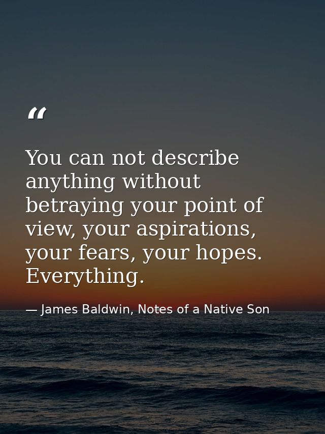 You can not describe anything without betraying your point of view, your aspirations, your fears, your hopes. Everything — James Baldwin, Notes of a Native Son