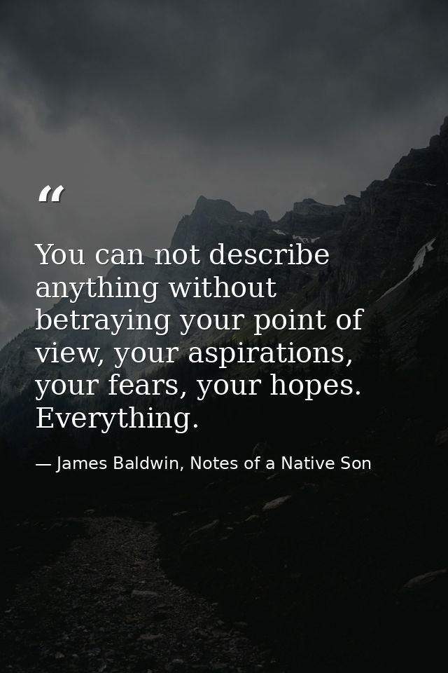 You can not describe anything without betraying your point of view, your aspirations, your fears, your hopes. Everything — James Baldwin, Notes of a Native Son