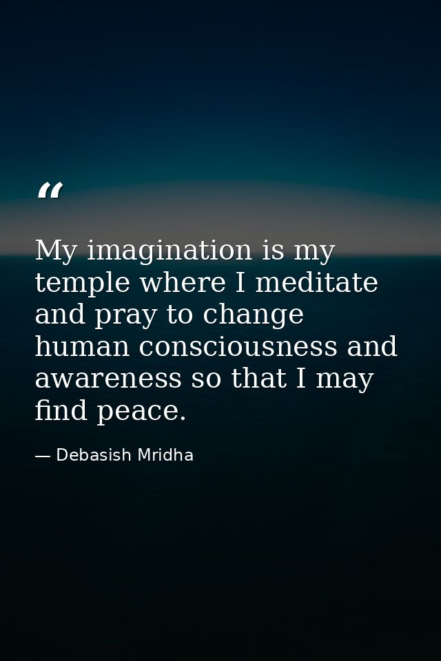 My imagination is my temple where I meditate and pray to change human consciousness and awareness so that I may find pea — Debasish Mridha