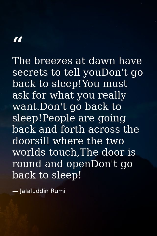 The breezes at dawn have secrets to tell youDon't go back to sleep!You must ask for what you really want.Don't go back t — Jalaluddin Rumi