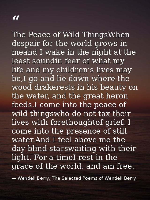The Peace of Wild ThingsWhen despair for the world grows in meand I wake in the night at the least soundin fear of what  — Wendell Berry, The Selected Poems of Wendell Berry