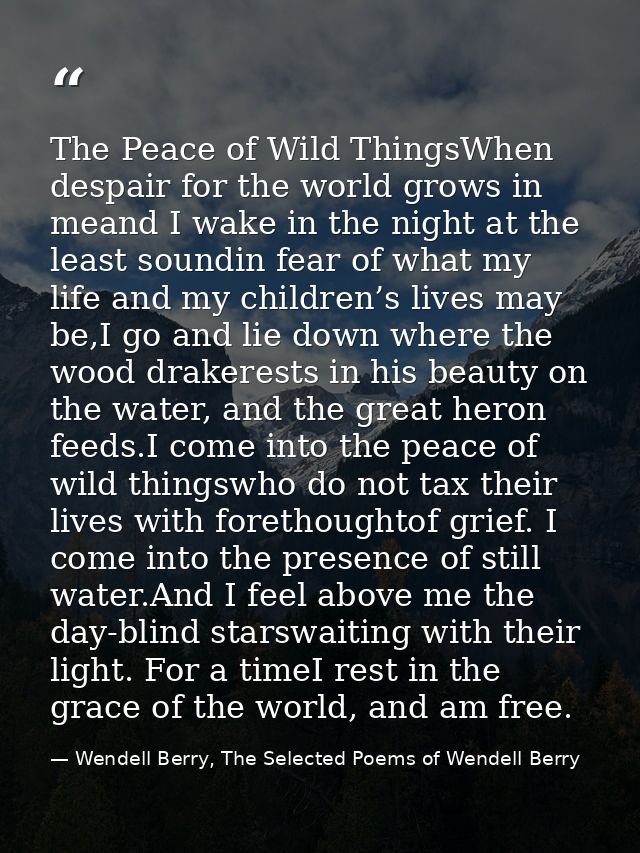 The Peace of Wild ThingsWhen despair for the world grows in meand I wake in the night at the least soundin fear of what  — Wendell Berry, The Selected Poems of Wendell Berry