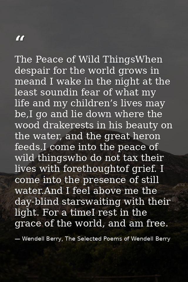 The Peace of Wild ThingsWhen despair for the world grows in meand I wake in the night at the least soundin fear of what  — Wendell Berry, The Selected Poems of Wendell Berry