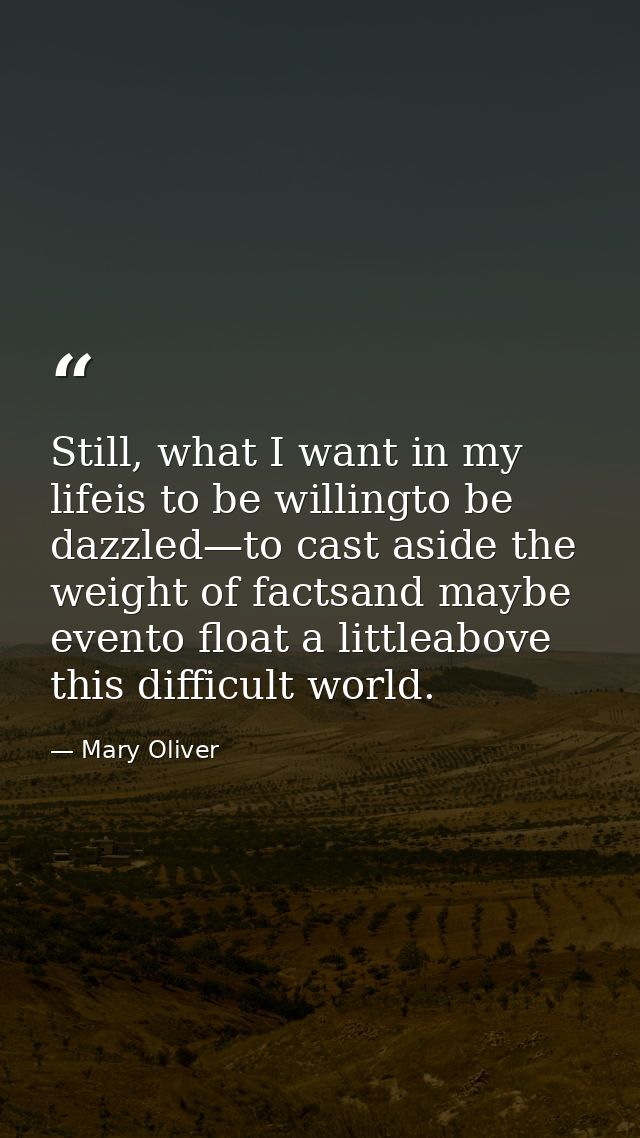 Still, what I want in my lifeis to be willingto be dazzled—to cast aside the weight of factsand maybe evento float a lit — Mary Oliver