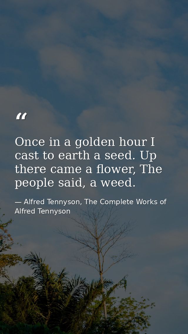 Once in a golden hour I cast to earth a seed. Up there came a flower, The people said, a weed. — Alfred Tennyson, The Complete Works of Alfred Tennyson