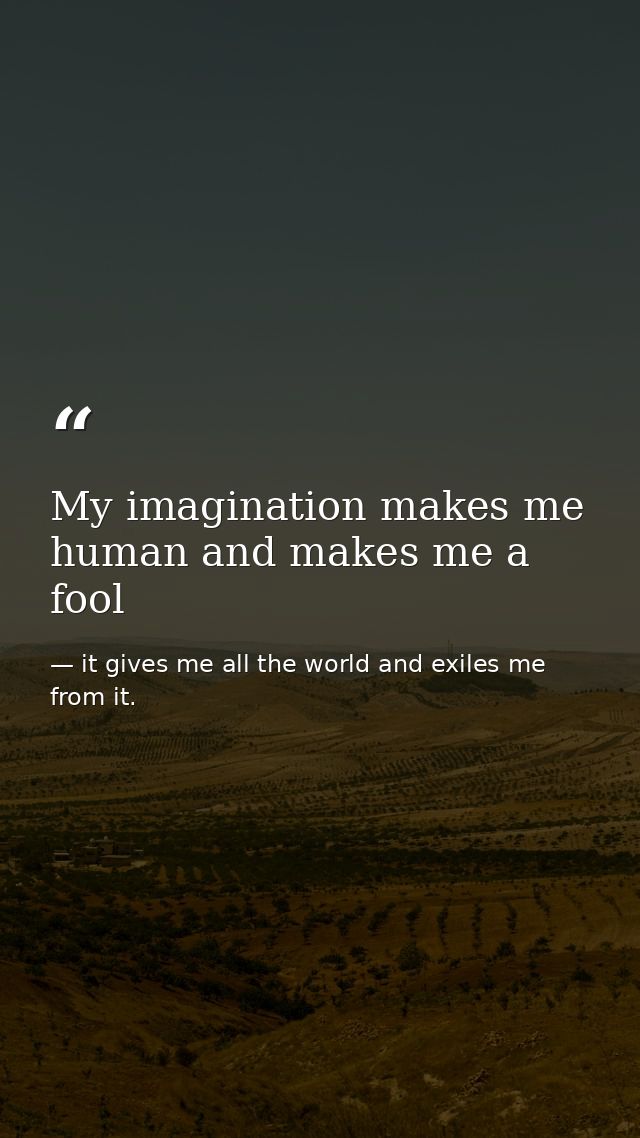 My imagination makes me human and makes me a fool — it gives me all the world and exiles me from it.