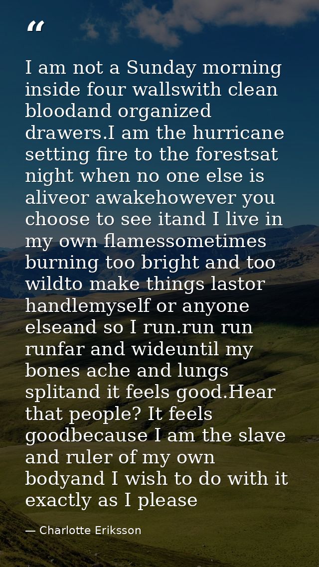 I am not a Sunday morning inside four wallswith clean bloodand organized drawers.I am the hurricane setting fire to the  — Charlotte Eriksson