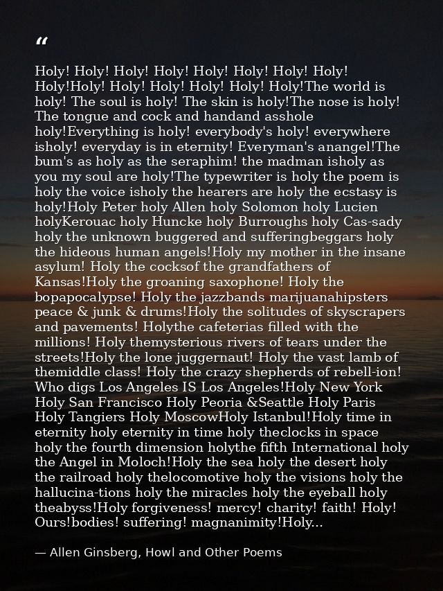 Holy! Holy! Holy! Holy! Holy! Holy! Holy! Holy! Holy!Holy! Holy! Holy! Holy! Holy! Holy!The world is holy! The soul is h — Allen Ginsberg, Howl and Other Poems