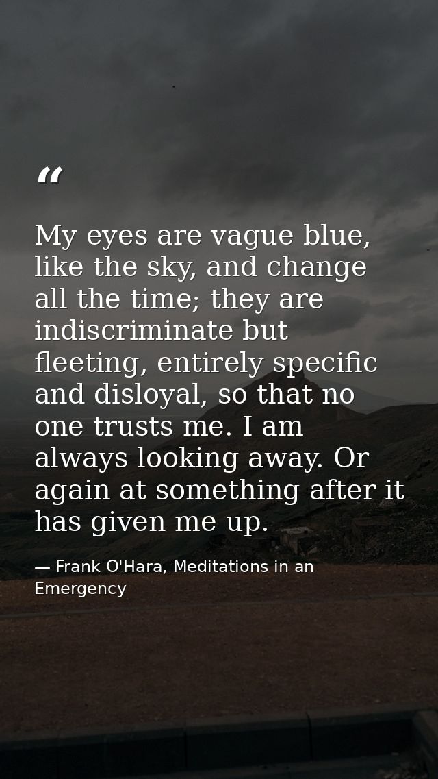 My eyes are vague blue, like the sky, and change all the time; they are indiscriminate but fleeting, entirely specific a — Frank O'Hara, Meditations in an Emergency