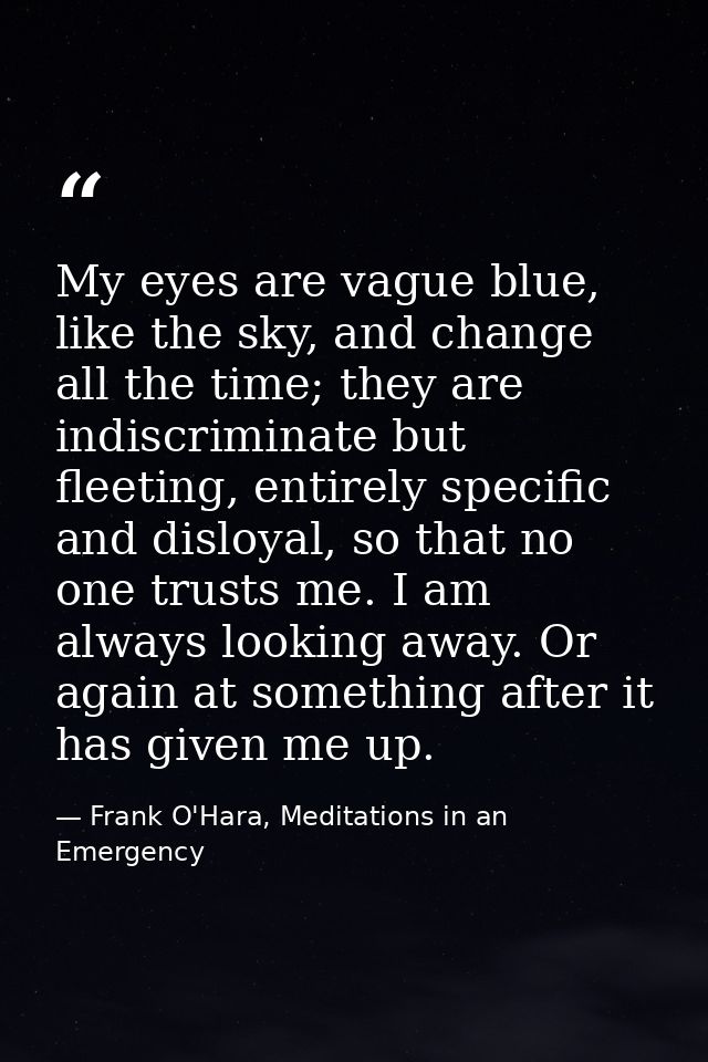 My eyes are vague blue, like the sky, and change all the time; they are indiscriminate but fleeting, entirely specific a — Frank O'Hara, Meditations in an Emergency