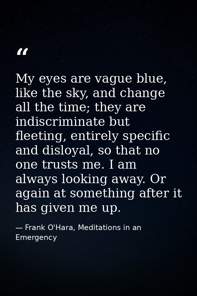 My eyes are vague blue, like the sky, and change all the time; they are indiscriminate but fleeting, entirely specific a — Frank O'Hara, Meditations in an Emergency
