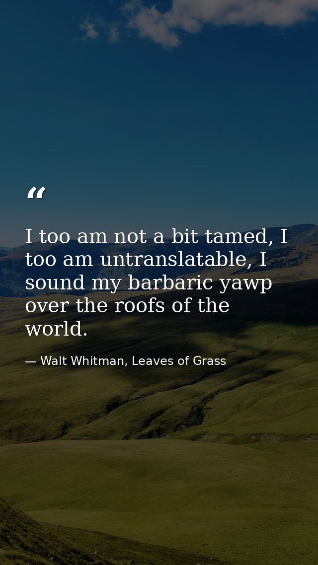 I too am not a bit tamed, I too am untranslatable, I sound my barbaric yawp over the roofs of the world. — Walt Whitman, Leaves of Grass