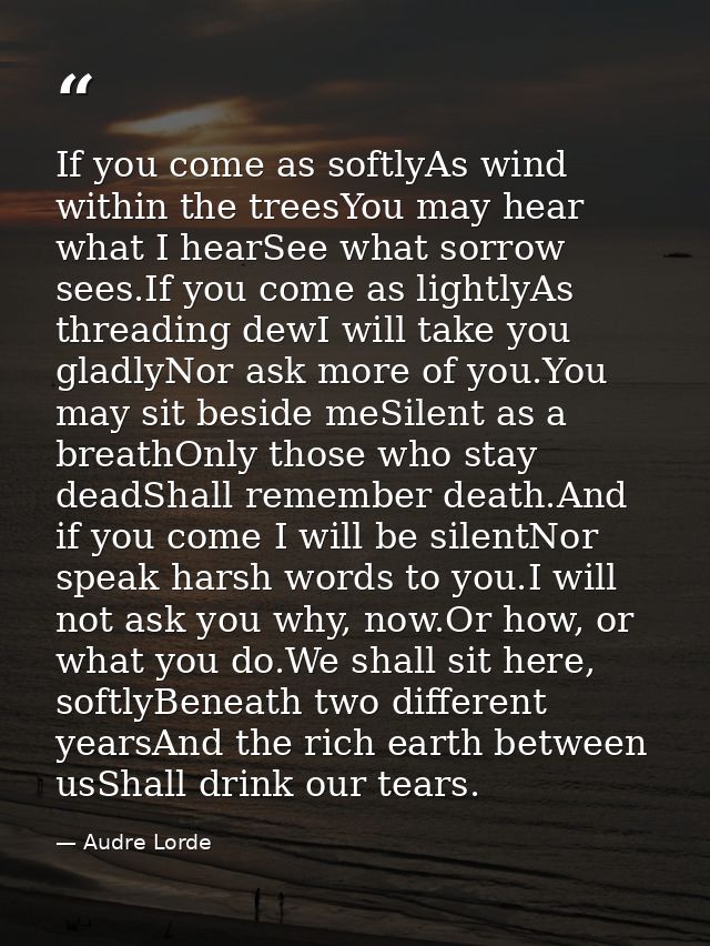 If you come as softlyAs wind within the treesYou may hear what I hearSee what sorrow sees.If you come as lightlyAs threa — Audre Lorde