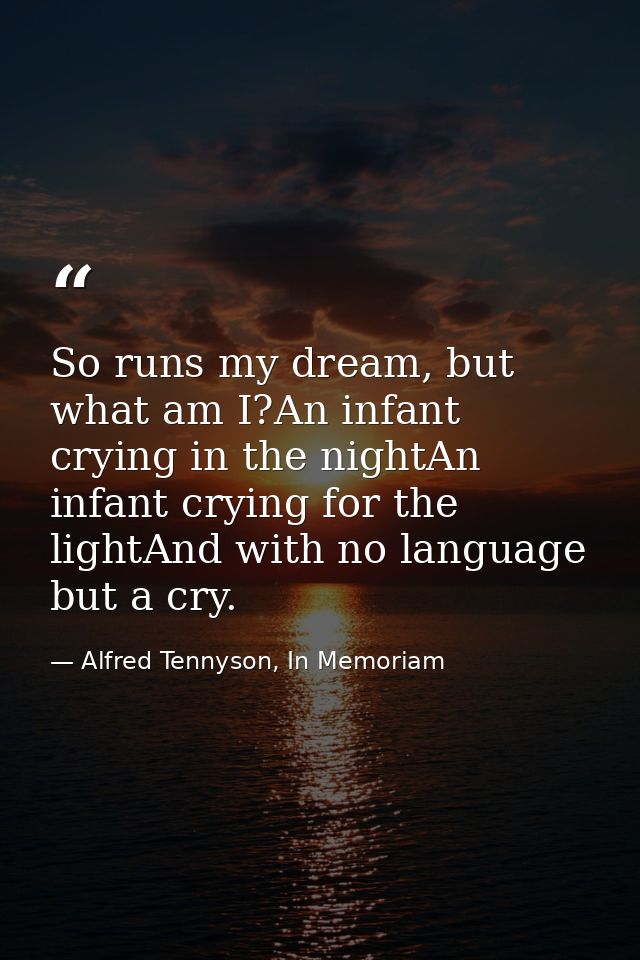 So runs my dream, but what am I?An infant crying in the nightAn infant crying for the lightAnd with no language but a cr — Alfred Tennyson, In Memoriam