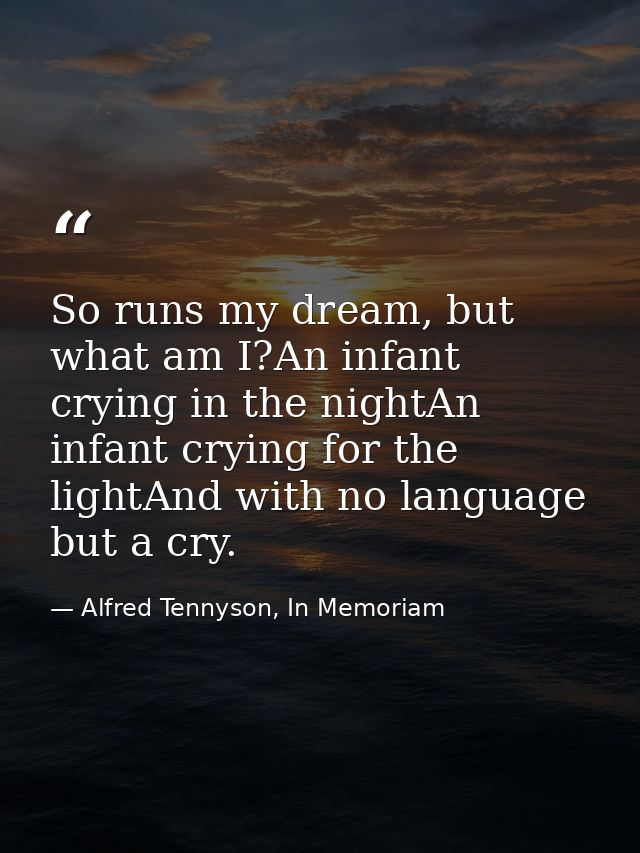 So runs my dream, but what am I?An infant crying in the nightAn infant crying for the lightAnd with no language but a cr — Alfred Tennyson, In Memoriam