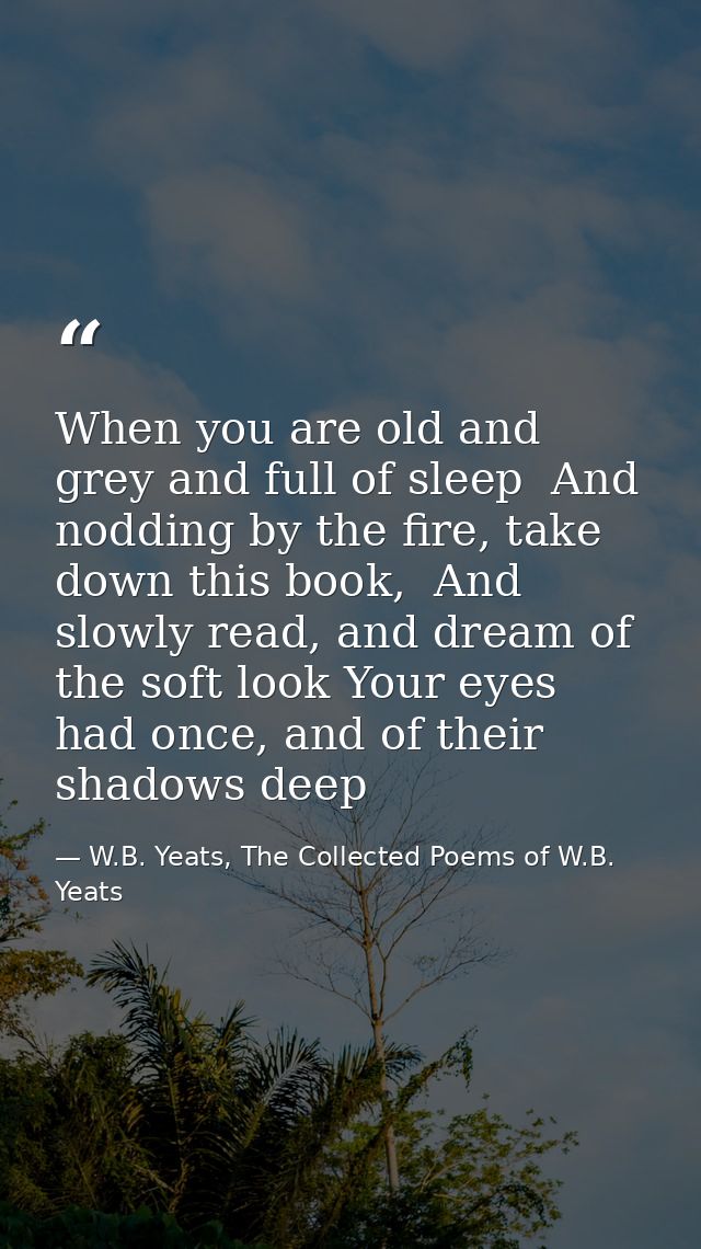 When you are old and grey and full of sleep  And nodding by the fire, take down this book,  And slowly read, and dream o — W.B. Yeats, The Collected Poems of W.B. Yeats
