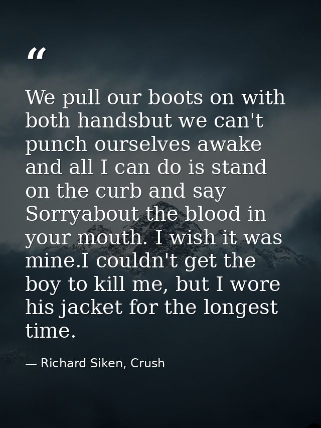 We pull our boots on with both handsbut we can't punch ourselves awake and all I can do is stand on the curb and say Sor — Richard Siken, Crush