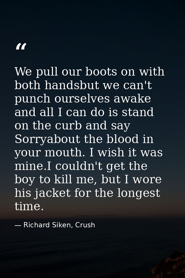 We pull our boots on with both handsbut we can't punch ourselves awake and all I can do is stand on the curb and say Sor — Richard Siken, Crush