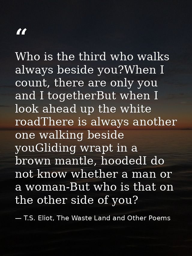 Who is the third who walks always beside you?When I count, there are only you and I togetherBut when I look ahead up the — T.S. Eliot, The Waste Land and Other Poems