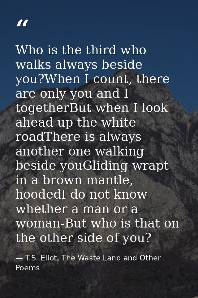 Who is the third who walks always beside you?When I count, there are only you and I togetherBut when I look ahead up the — T.S. Eliot, The Waste Land and Other Poems