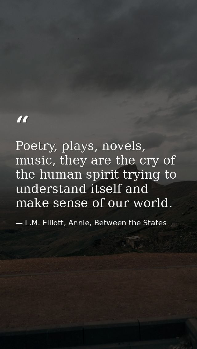 Poetry, plays, novels, music, they are the cry of the human spirit trying to understand itself and make sense of our wor — L.M. Elliott, Annie, Between the States