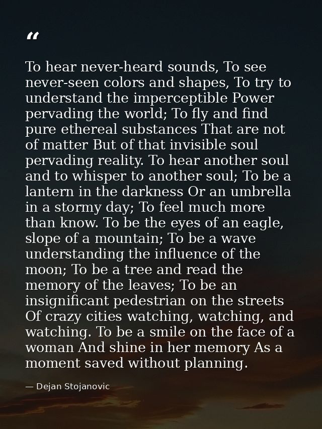 To hear never-heard sounds, To see never-seen colors and shapes, To try to understand the imperceptible Power pervading  — Dejan Stojanovic