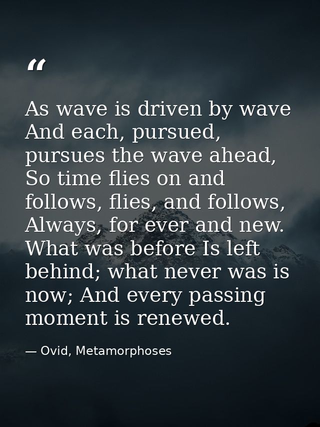 As wave is driven by wave And each, pursued, pursues the wave ahead, So time flies on and follows, flies, and follows, A — Ovid, Metamorphoses
