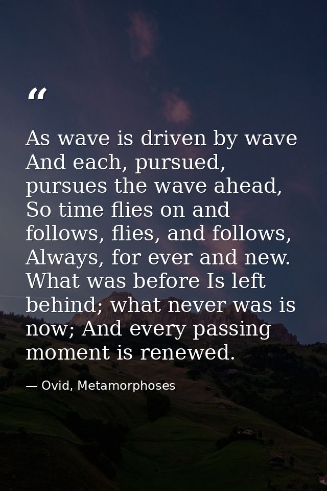 As wave is driven by wave And each, pursued, pursues the wave ahead, So time flies on and follows, flies, and follows, A — Ovid, Metamorphoses
