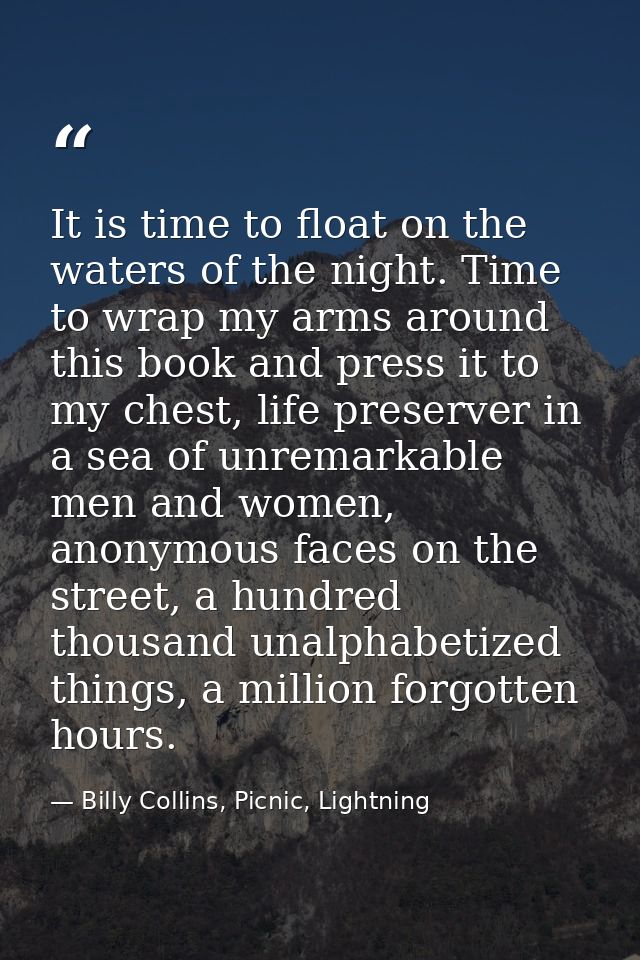 It is time to float on the waters of the night. Time to wrap my arms around this book and press it to my chest, life pre — Billy Collins, Picnic, Lightning