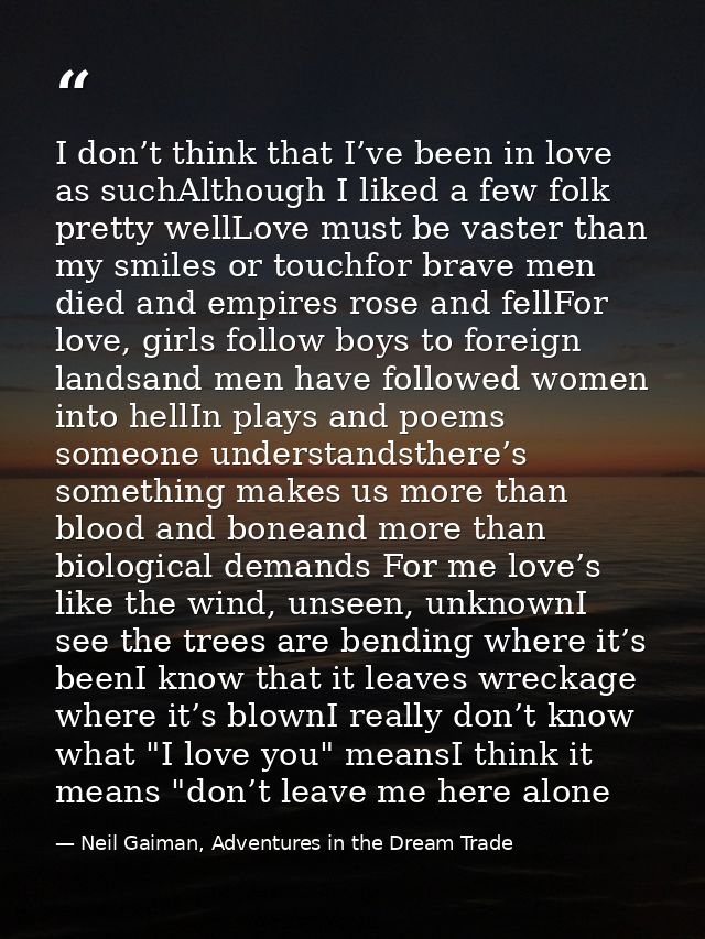 I don’t think that I’ve been in love as suchAlthough I liked a few folk pretty wellLove must be vaster than my smiles or — Neil Gaiman, Adventures in the Dream Trade