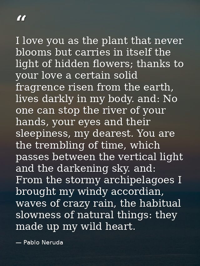 I love you as the plant that never blooms but carries in itself the light of hidden flowers; thanks to your love a certa — Pablo Neruda