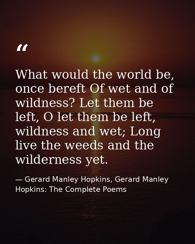 What would the world be, once bereft Of wet and of wildness? Let them be left, O let them be left, wildness and wet; Lon — Gerard Manley Hopkins, Gerard Manley Hopkins: The Complete Poems