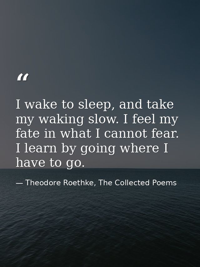 I wake to sleep, and take my waking slow. I feel my fate in what I cannot fear. I learn by going where I have to go. — Theodore Roethke, The Collected Poems
