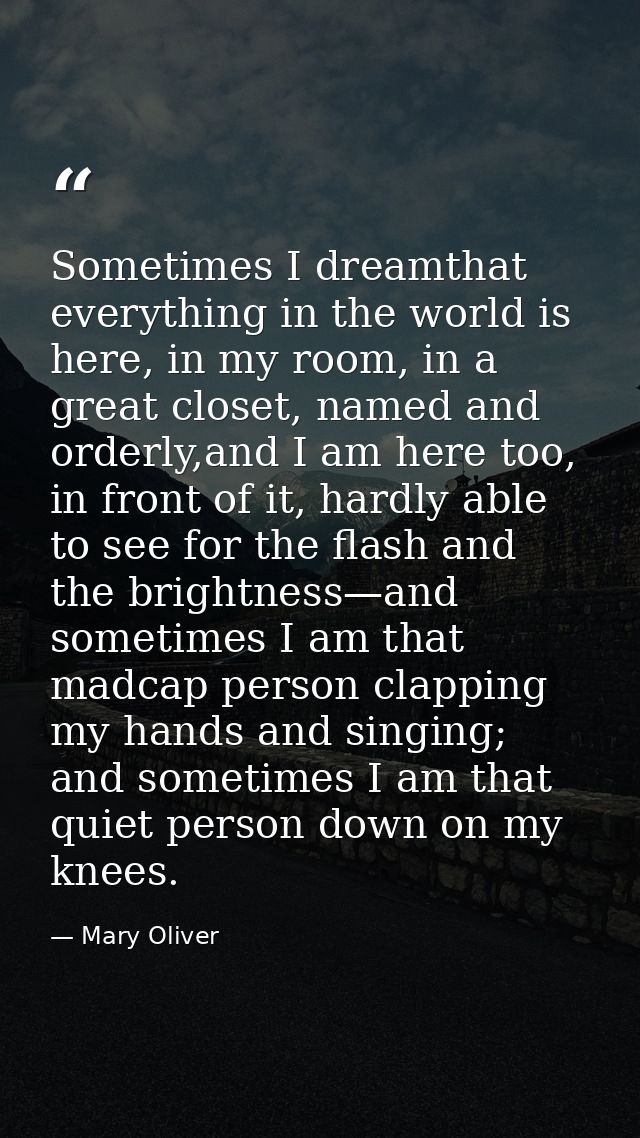 Sometimes I dreamthat everything in the world is here, in my room, in a great closet, named and orderly,and I am here to — Mary Oliver