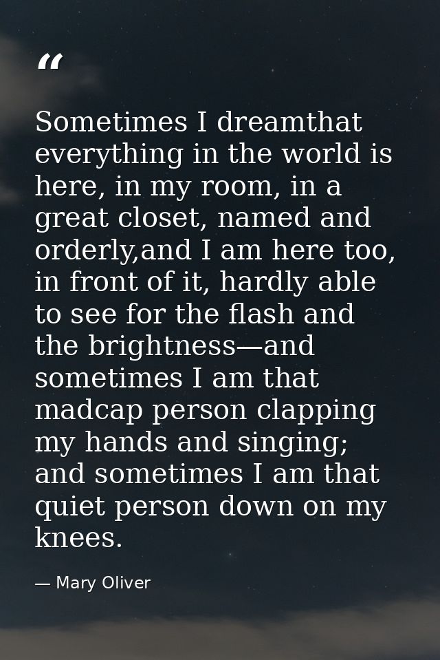 Sometimes I dreamthat everything in the world is here, in my room, in a great closet, named and orderly,and I am here to — Mary Oliver