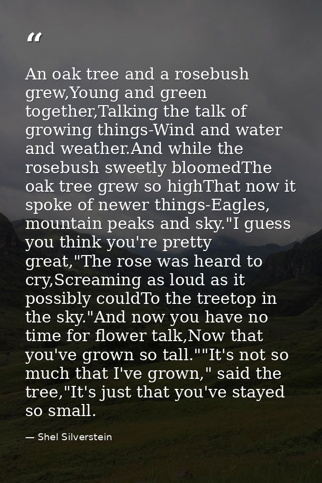 An oak tree and a rosebush grew,Young and green together,Talking the talk of growing things-Wind and water and weather.A — Shel Silverstein