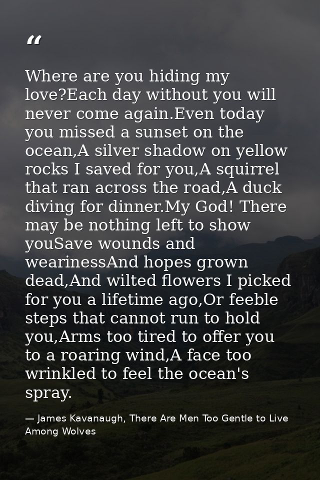 Where are you hiding my love?Each day without you will never come again.Even today you missed a sunset on the ocean,A si — James Kavanaugh, There Are Men Too Gentle to Live Among Wolves