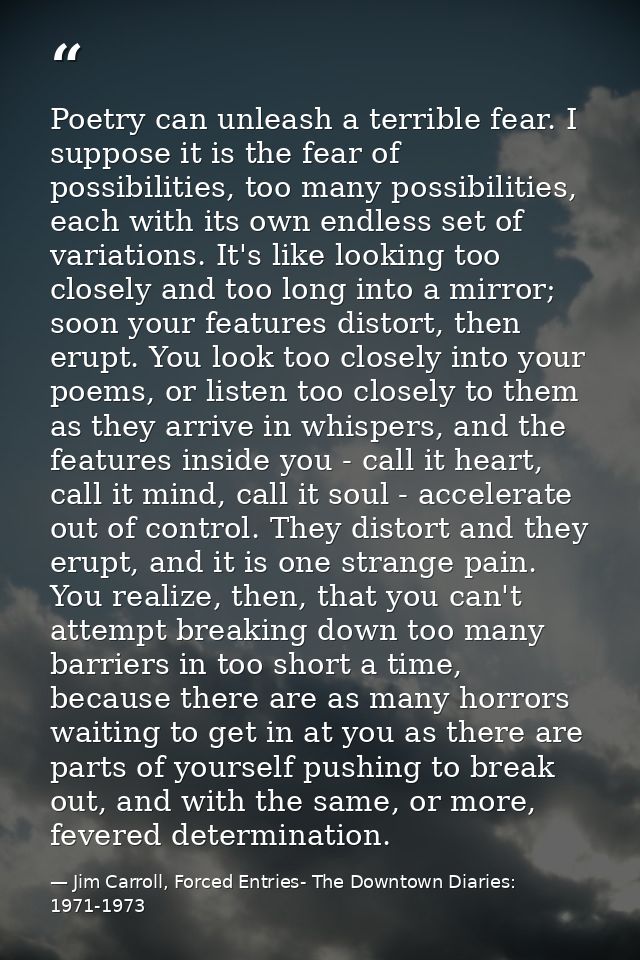 Poetry can unleash a terrible fear. I suppose it is the fear of possibilities, too many possibilities, each with its own — Jim Carroll, Forced Entries- The Downtown Diaries: 1971-1973