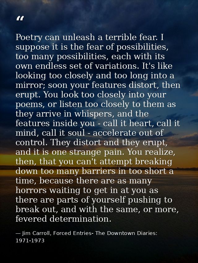 Poetry can unleash a terrible fear. I suppose it is the fear of possibilities, too many possibilities, each with its own — Jim Carroll, Forced Entries- The Downtown Diaries: 1971-1973